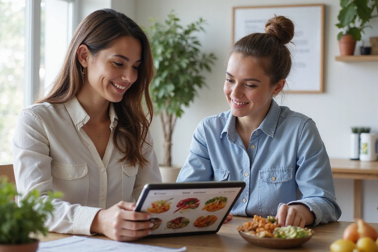 Nutrizionista che spiega un piano alimentare a un cliente sorridente in un ambiente accogliente