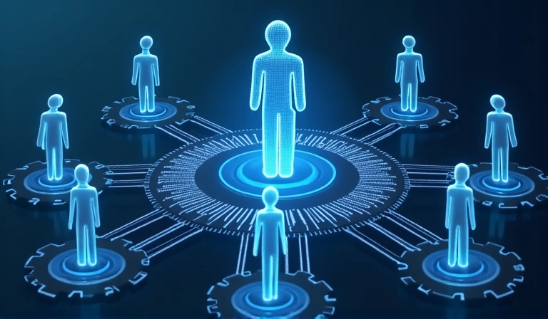 Illustrazione di ingranaggi e persone che collaborano, simboleggiando la condivisione di dati in modo sicuro e controllato