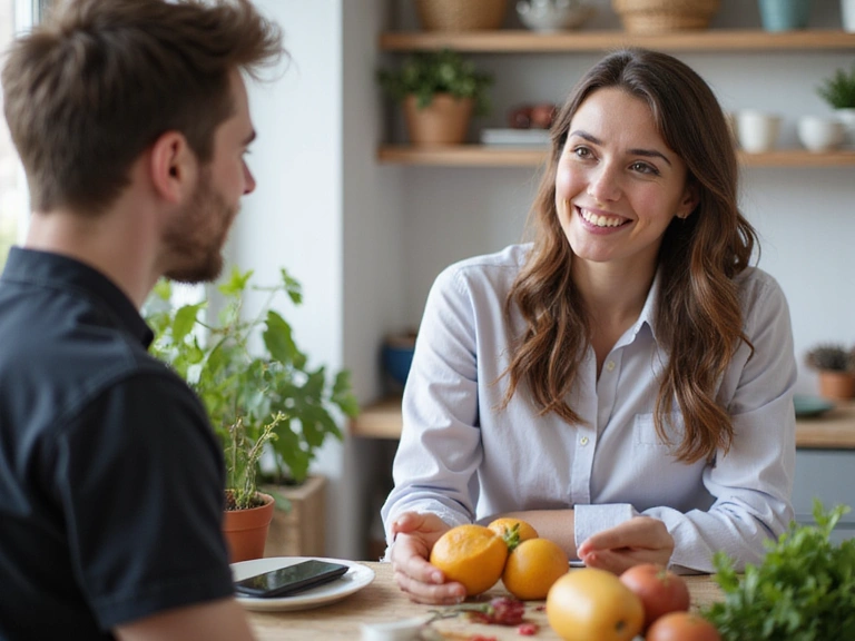 Una persona sorridente che discute con un nutrizionista in un ambiente accogliente e professionale.